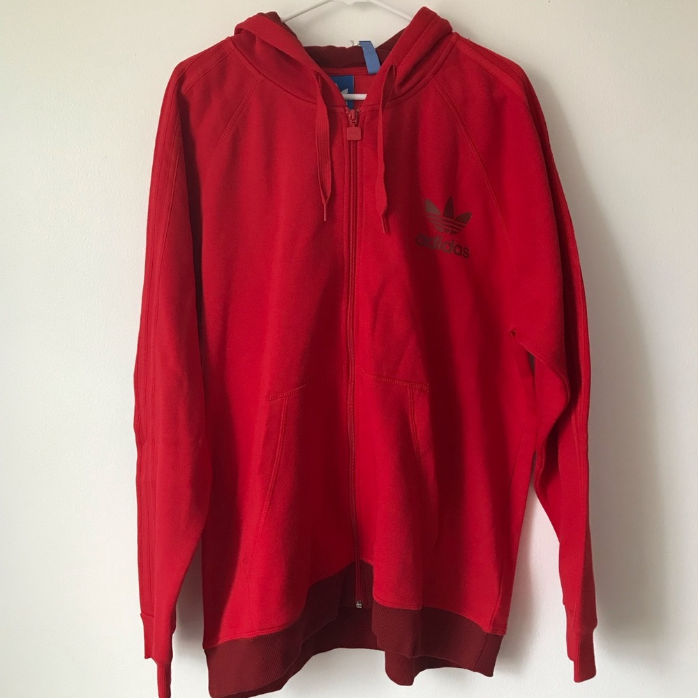 Adidas Originals 3 Stripe — Red Zip-Up Hoodie XL - Picture 2 of 4
